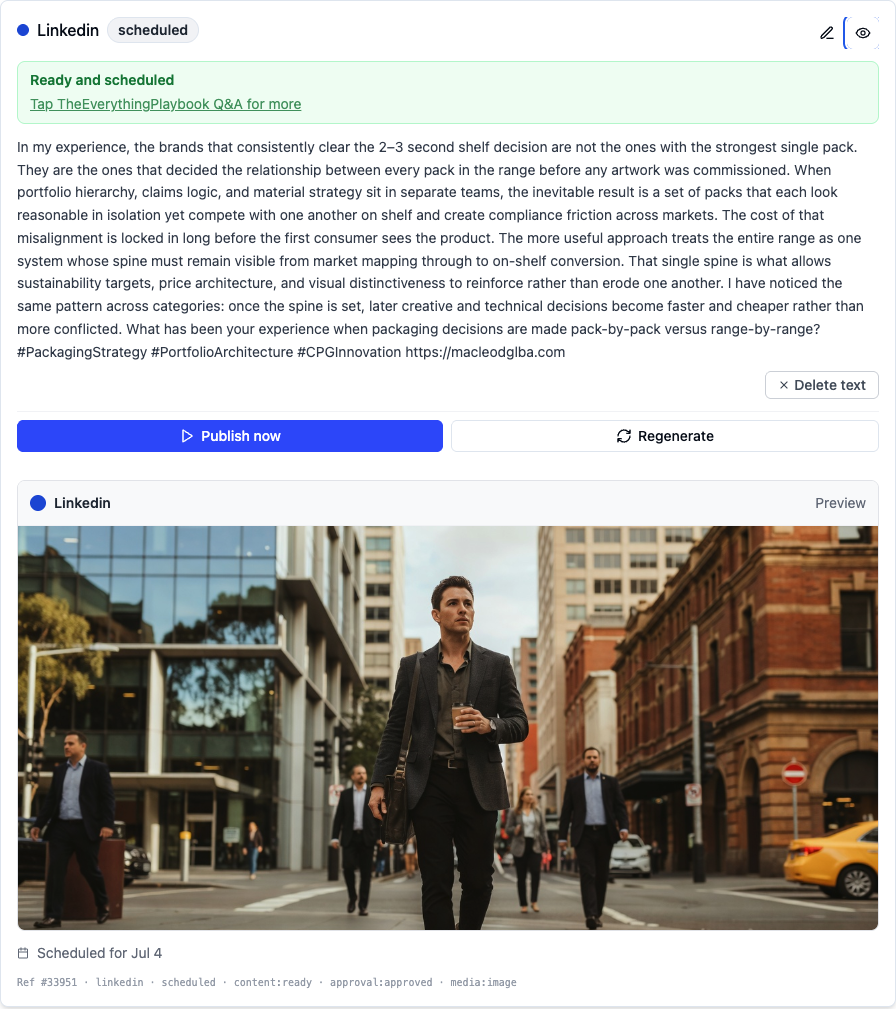 Manual Review in TheAgencyIQ: a scheduled LinkedIn post with per-post Edit, Delete text, Publish now and Regenerate controls