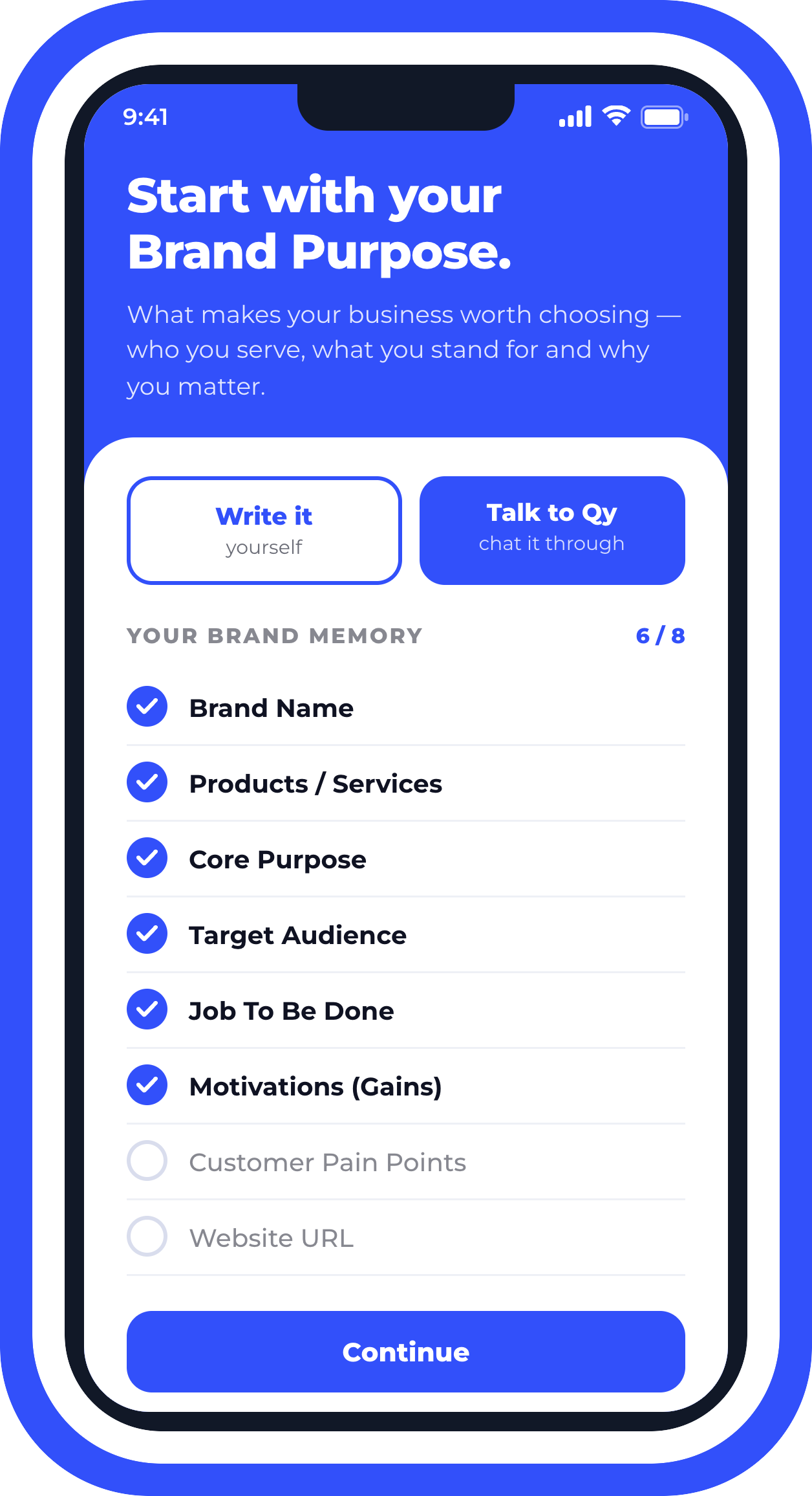 Qy! on a phone: Start with your Brand & customer — brand memory checklist showing brand name, products, core purpose, target audience and motivations captured.