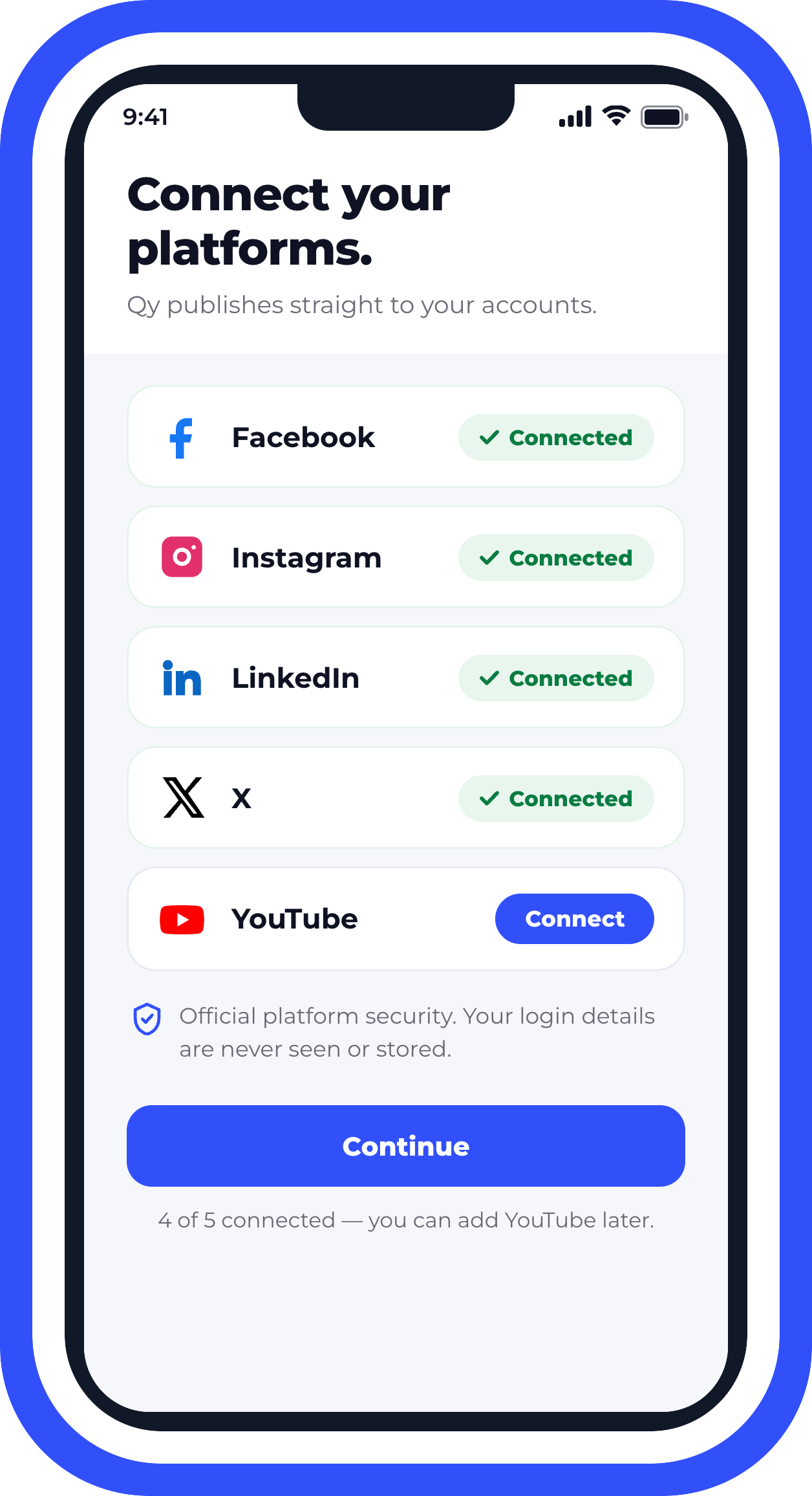 Qy! on a phone: Connect your platforms — Facebook, Instagram, LinkedIn and X connected, YouTube ready to connect, through official platform security.