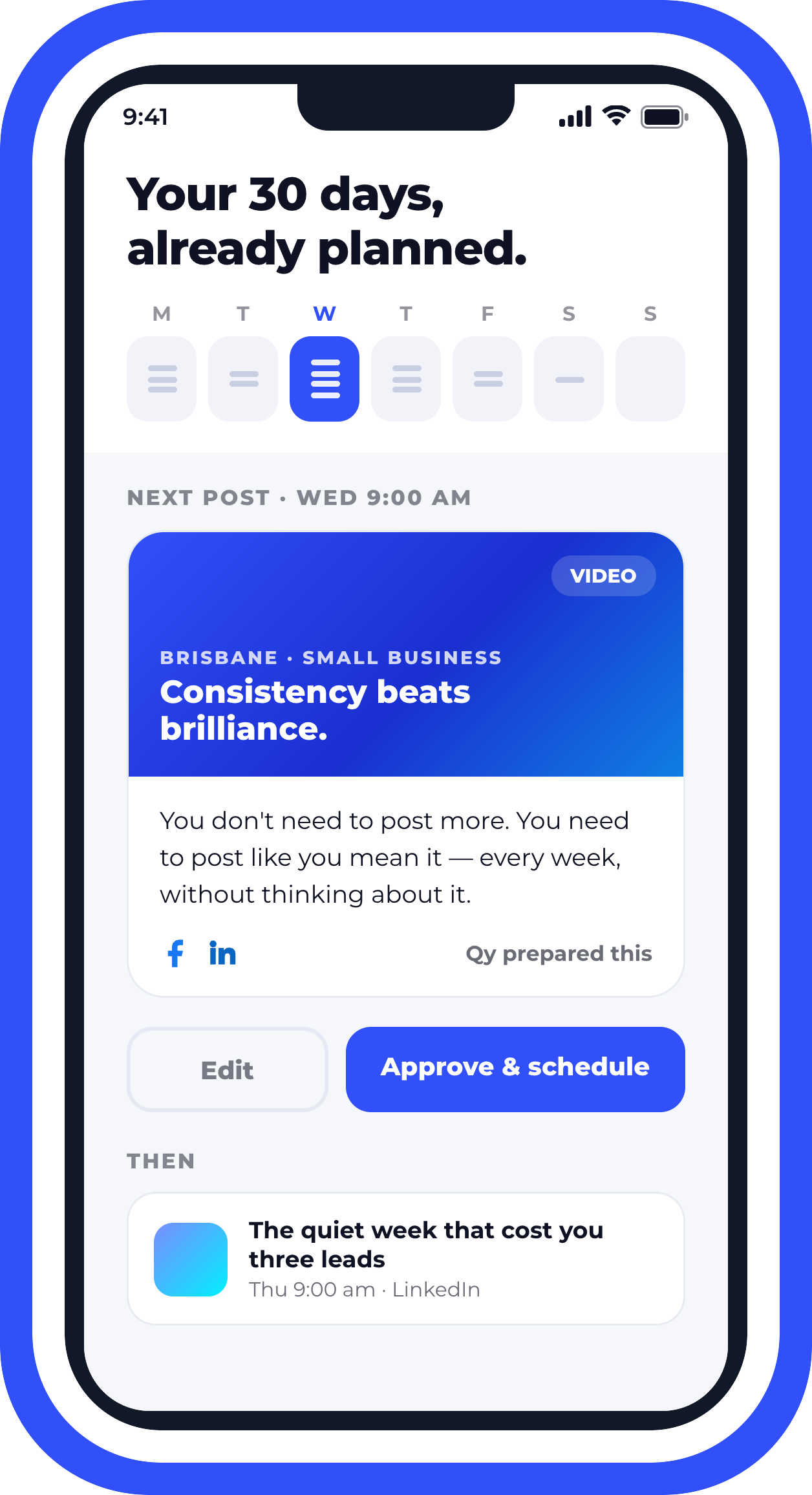Qy! on a phone: a month already planned — the next post written and art directed, ready to approve and schedule.
